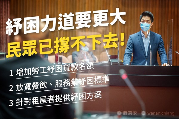 蔣萬安呼籲，政府應該增加勞工紓困貸款名額，放寬餐飲業紓困標準，並針對租屋者提供紓困方案。 圖：翻攝蔣萬安臉書