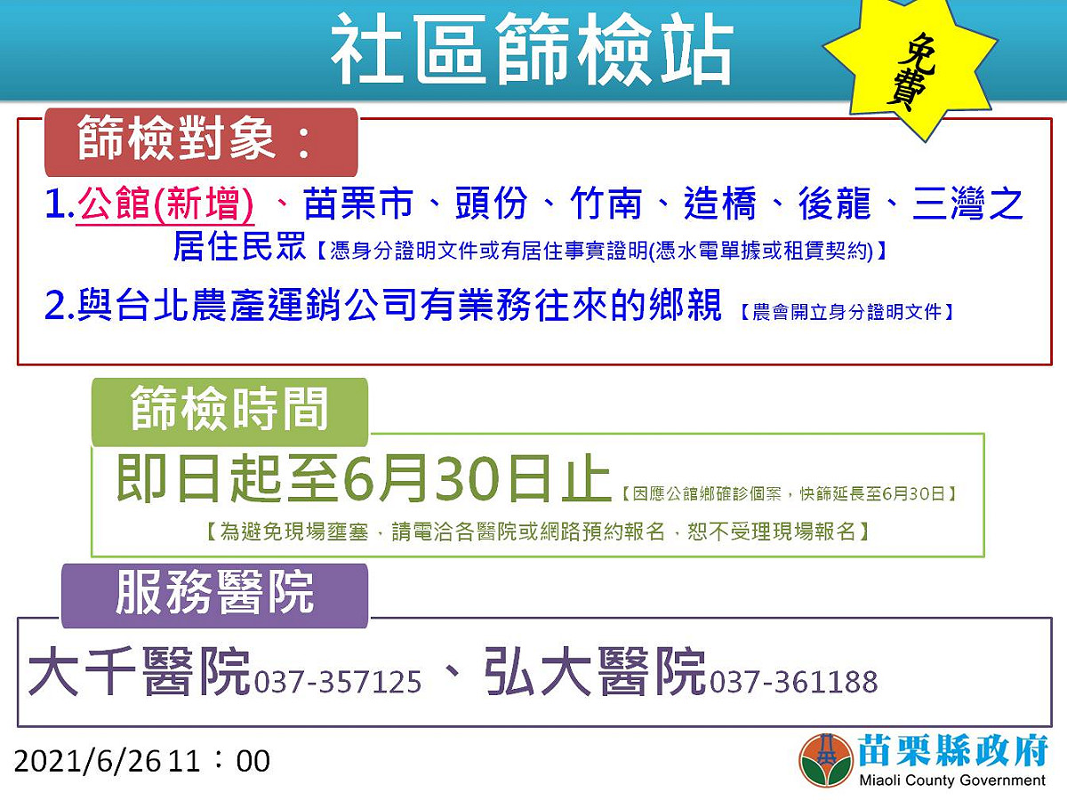 公館鄉26日至30日啟動社區快篩，民眾可自行預約前往採檢。 圖：苗栗縣政府／提供