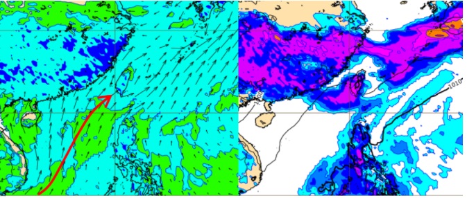 最新(26日20時)歐洲(ECMWF)模式，模擬28日20時850百帕相對濕度及風場圖顯示，台灣處在「西南季風」環境(左圖)。模擬28日20時地面氣壓及雨量圖顯示，迎風面中南部有大量降雨(右圖)。 圖/「三立準氣象．老大洩天機」