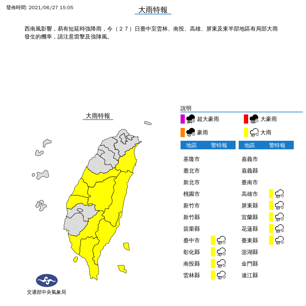 氣象局表示，西南風影響，全台6縣市恐降大雨。 圖：氣象局/提供