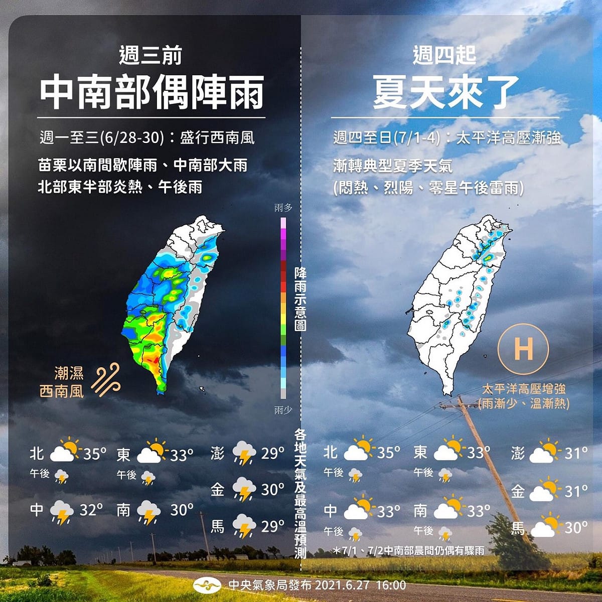 中央氣象局表示，週四起將會正式進入典型的夏季天氣。 圖：翻攝自報天氣臉書
