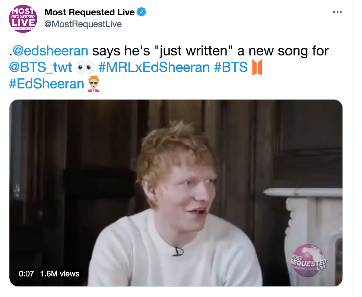 Ed Sheeran在採訪中證實了為BTS製作新曲的消息。 圖：翻攝自推特