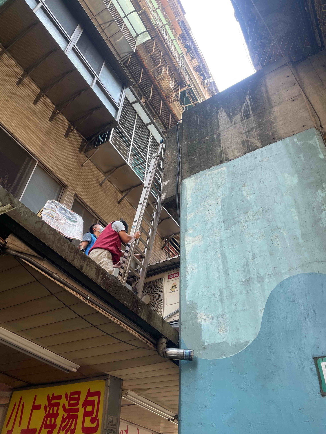動保員再利用遮雨棚上到橋墩。  圖：新北市動保處提供