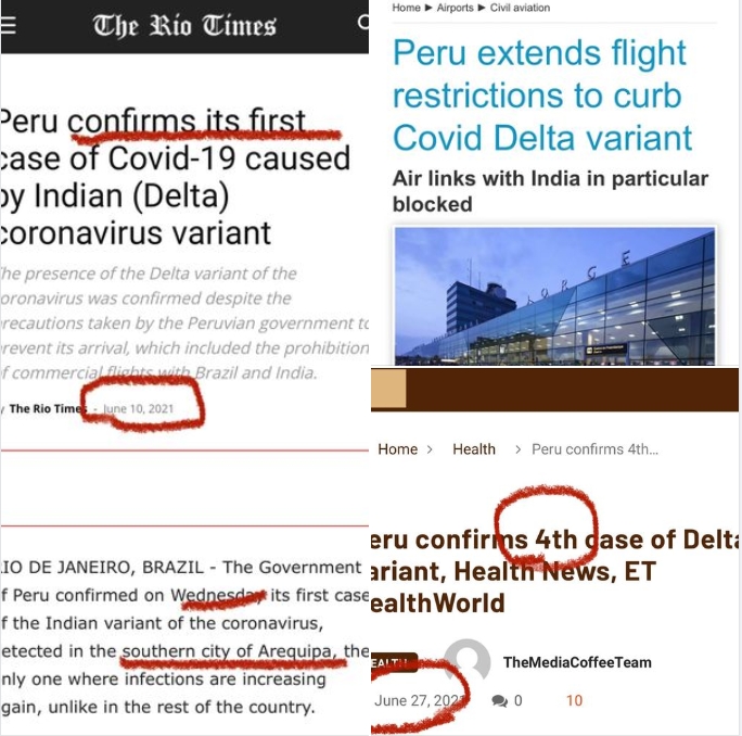 羅友志整理外媒對祕魯Delta病毒的媒體報導。 圖 : 翻攝自臉書