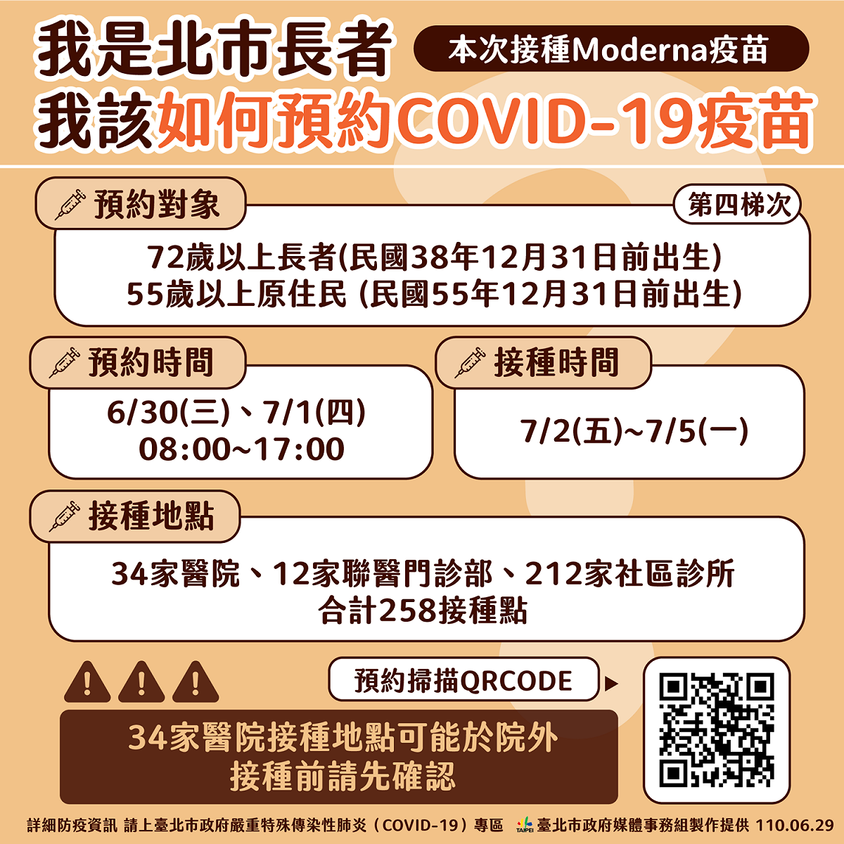 台北市明起開放72歲以上長者、55歲以上原住民預約施打疫苗。 圖：台北市政府 / 提供