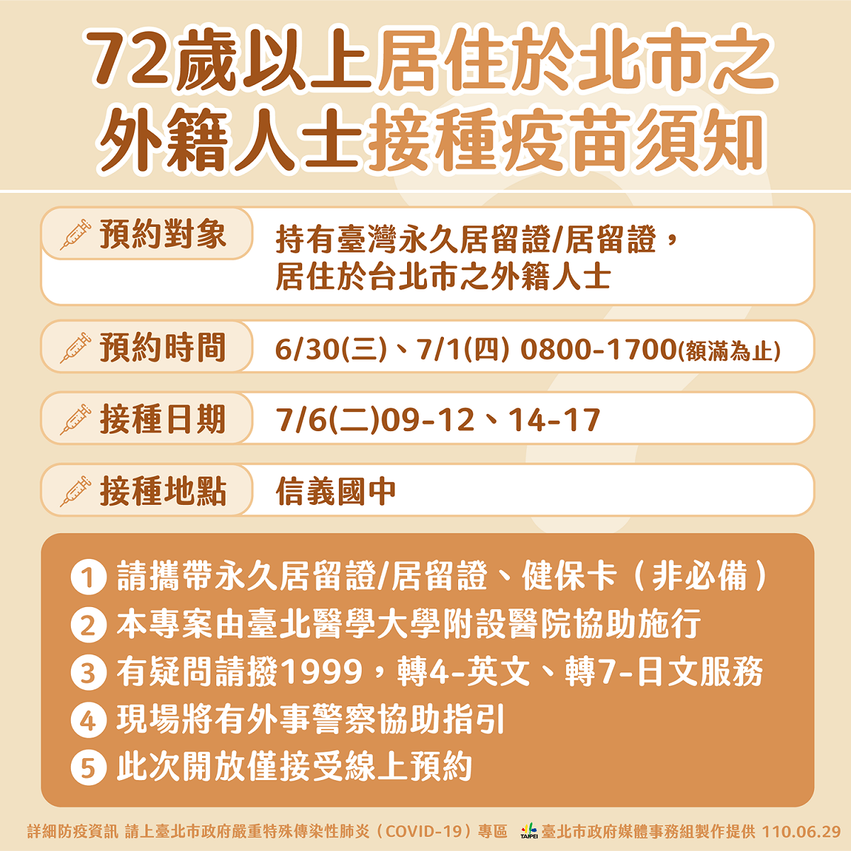 72歲以上外籍人士可電話預約赴台北醫學大學附設醫院施打疫苗。 圖：台北市政府 / 提供
