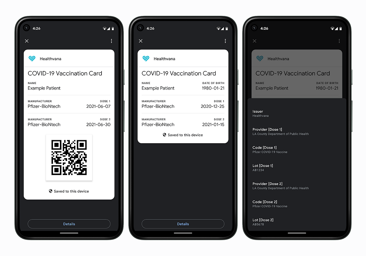 「COVID Card」將顯示用戶接種的疫苗種類、日期等資訊。 圖：翻攝自Google官方部落格
