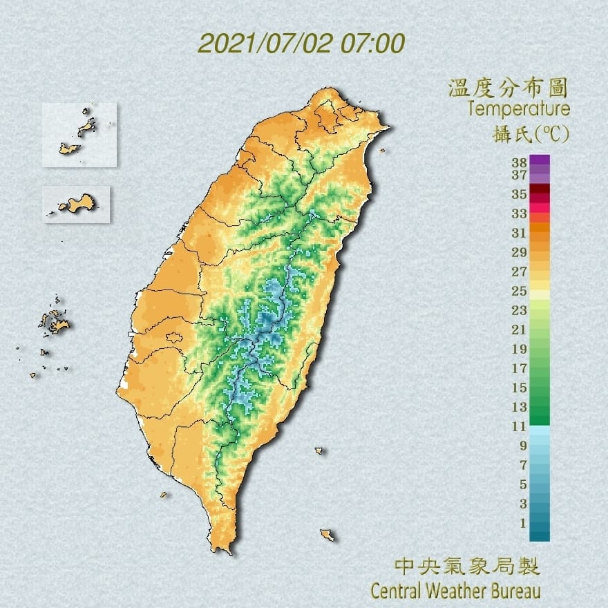 今天清晨7時，全台各地溫度節節升高，預期台灣又要變成烤番藷了。 圖：中央氣象局/提供