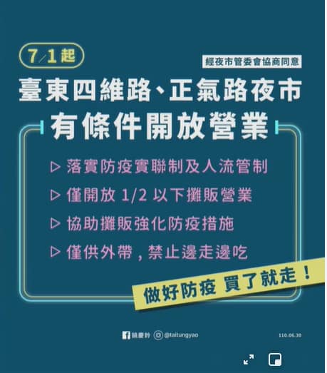 台東四維路和正氣路夜市恢復營業有4大條件。 圖：取自台東觀光夜市臉書