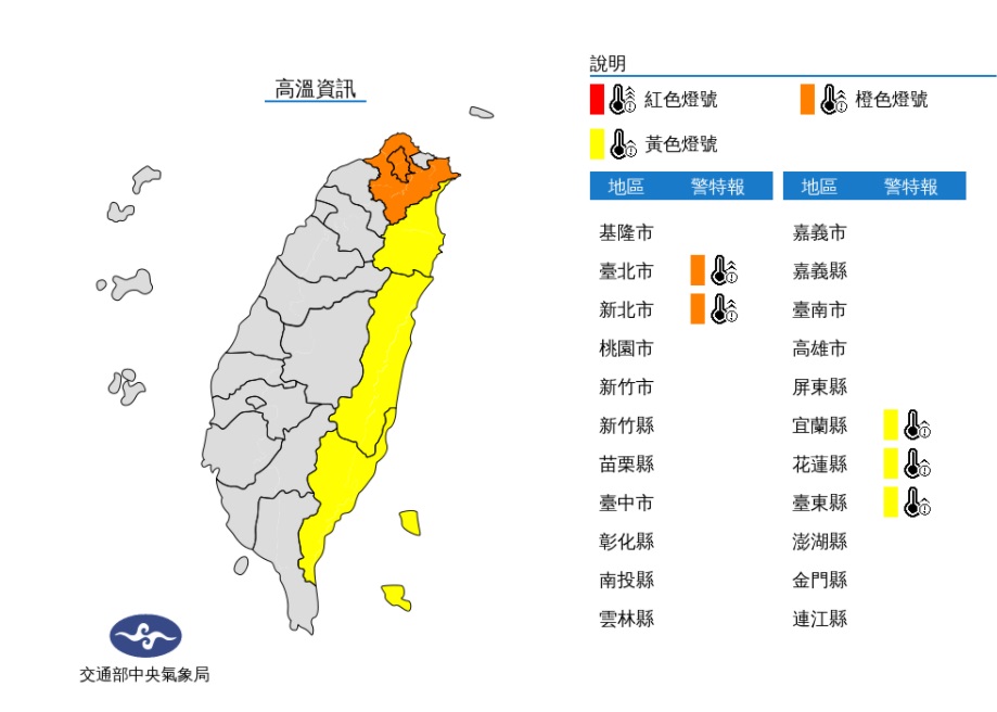 今天中午前後台北市、新北市為橙色燈號，有連續出現36度高溫的機率，請加強注意。 圖/氣象局