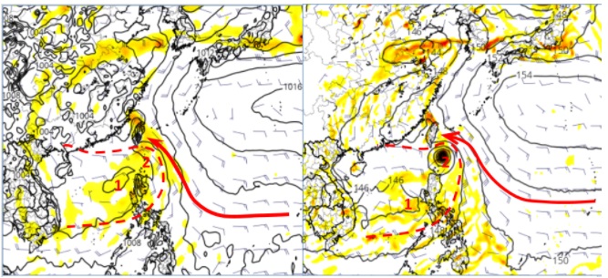 圖：最新(2日20時)歐洲(ECMWF)模式，模擬下週一(5日) 20時地面圖(左圖)顯示，有大而鬆散的「低壓環流」(紅虛線)進入南海；呈現2個環流中心，主中心(紅1)在南海發展，副中心(紅2)則在巴士海峽，台灣受東南風影響(紅箭)。美國(GFS)模式亦有類似的模擬(右圖)，但以在巴士海峽的中心強度較強。 圖/「三立準氣象．老大洩天機」擷自tropical tidbits