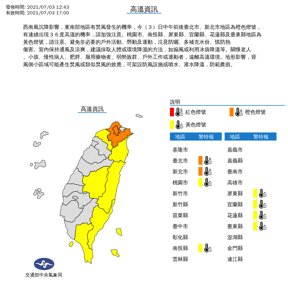 中央氣象局發布高溫特報。 圖：氣象局／提供