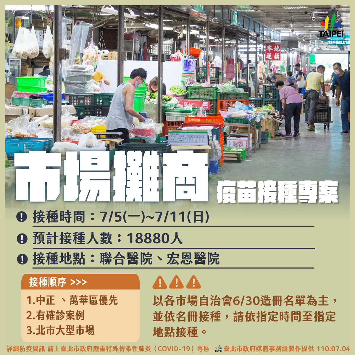 台北市啟動市場專案，1.8萬市場攤商先打疫苗。 圖：台北市政府 / 提供