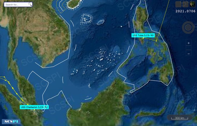 美軍在南海區域出現同時有2艘「獨立級」濱海戰鬥艦。 圖：翻攝SCS Probing Initiative推特