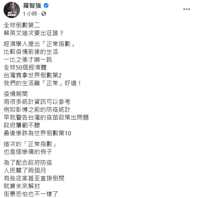 國民黨台北市議員羅智強在臉書怒酸蔡英文「台灣排名全球倒數第二，這次要出征誰」(臉書全文) 圖 : 翻攝自羅智強臉書