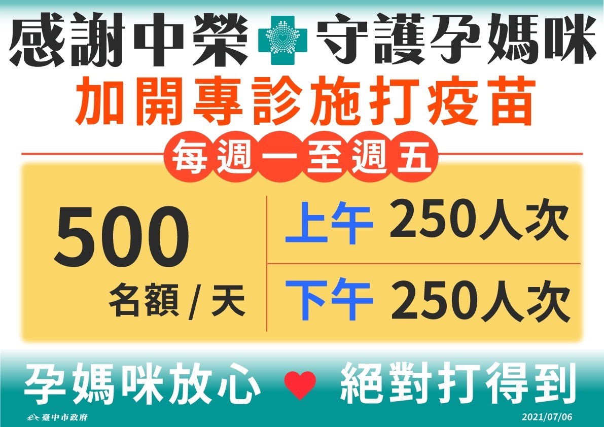 台中市政府感謝台中榮緦加開孕婦施打疫苗專診。 台中市政府/提供
