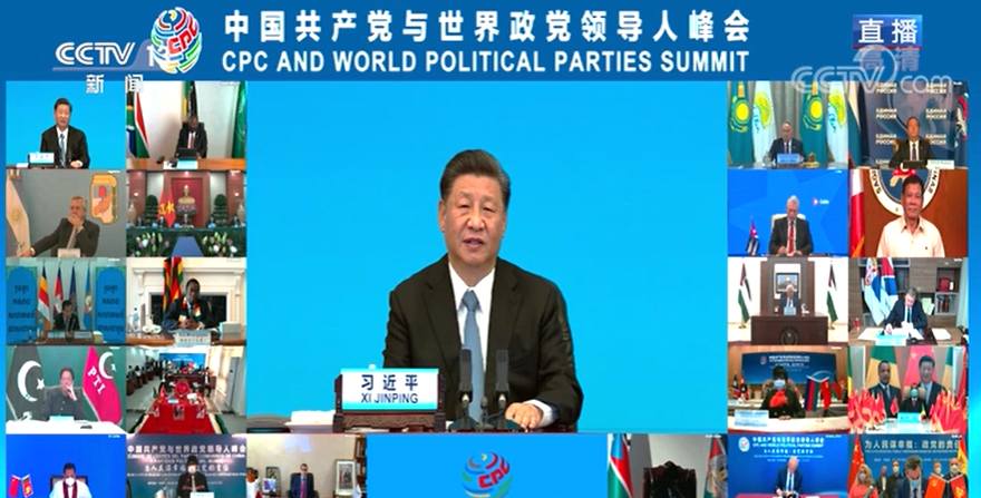 中共總書記習近平7月6日晚間與世界政黨領導人進行視訊峰會。 圖：翻攝央視