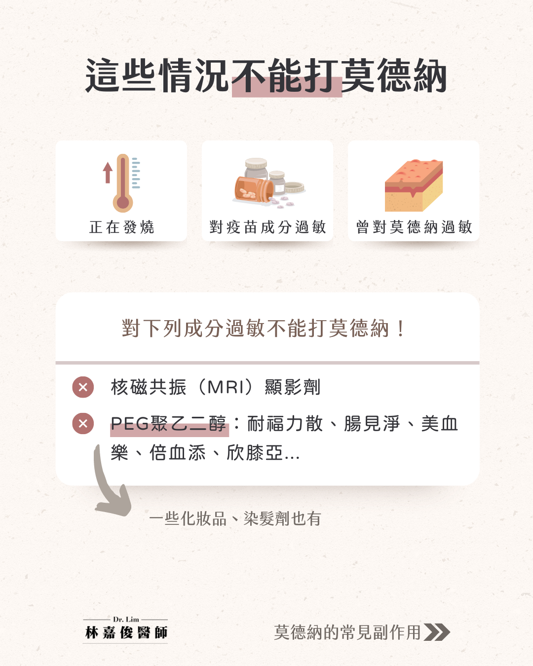 發燒、對疫苗成份等相關狀況，不能打莫德納。 圖：林嘉俊醫師/提供