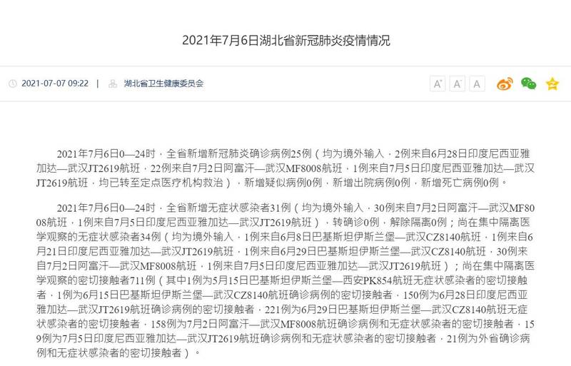 中國湖北省衛健委7日公布6日新增「境外移入」新冠肺炎確診25例、無症狀感染31例。 圖：翻攝湖北省衛健委官網