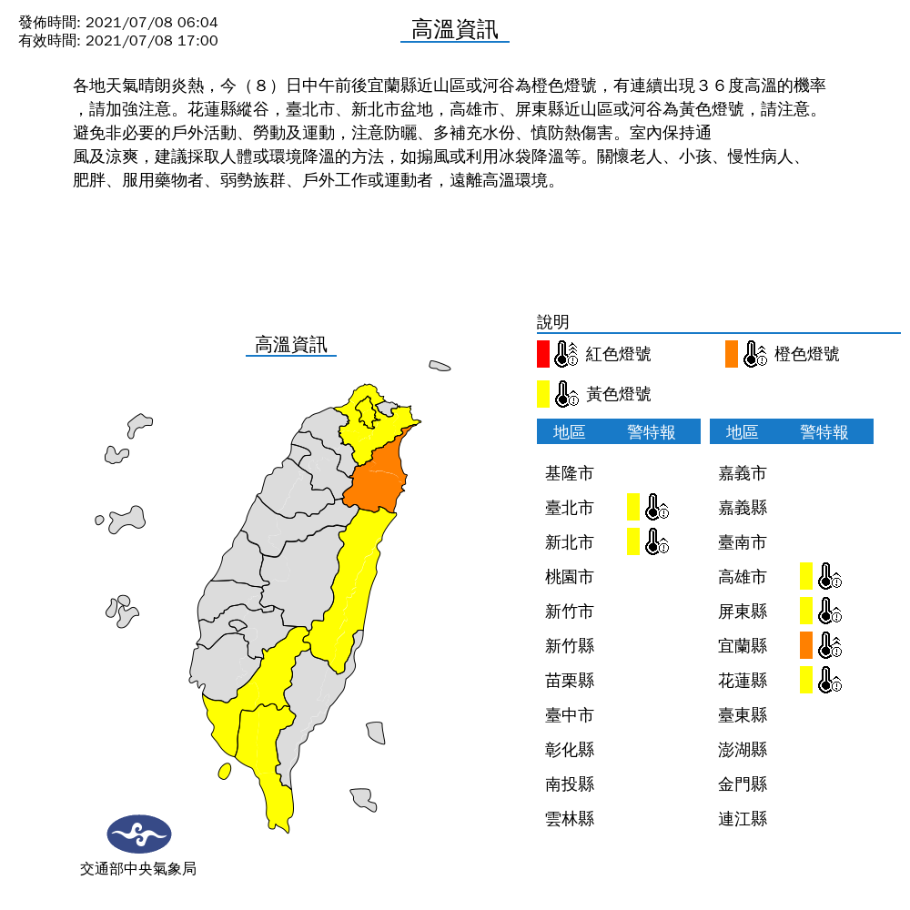 全台各地今天仍是晴朗炎熱天氣，包括雙北、高屏與宜花等 6縣市發布高溫特報，請民眾注意防曬。 圖：中央氣象局/提供