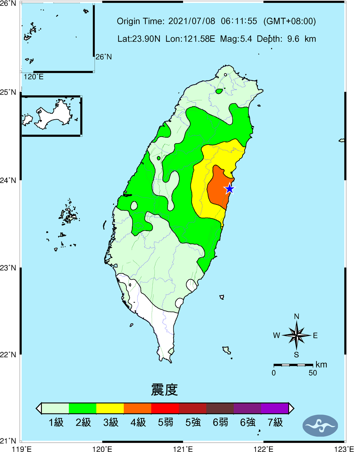 花蓮2天發生15起地震，氣象局表示，未來一週不排除有4至5級餘震(圖為6點11分地震震度圖)。 圖：中央氣象局／提供