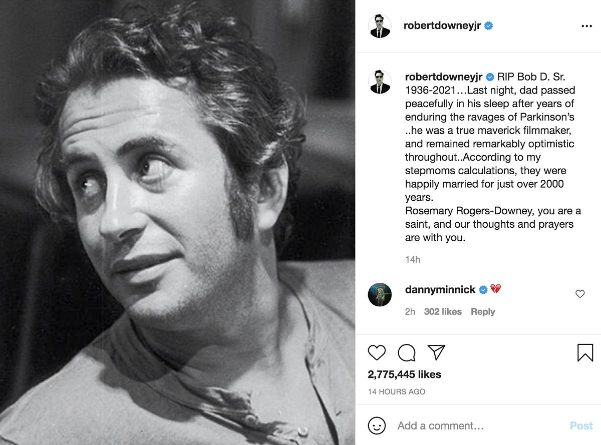 老勞勃道尼（Robert Downey Sr.）本身同時是製片、導演、演員，才華洋溢。 圖：翻攝自小勞勃道尼IG