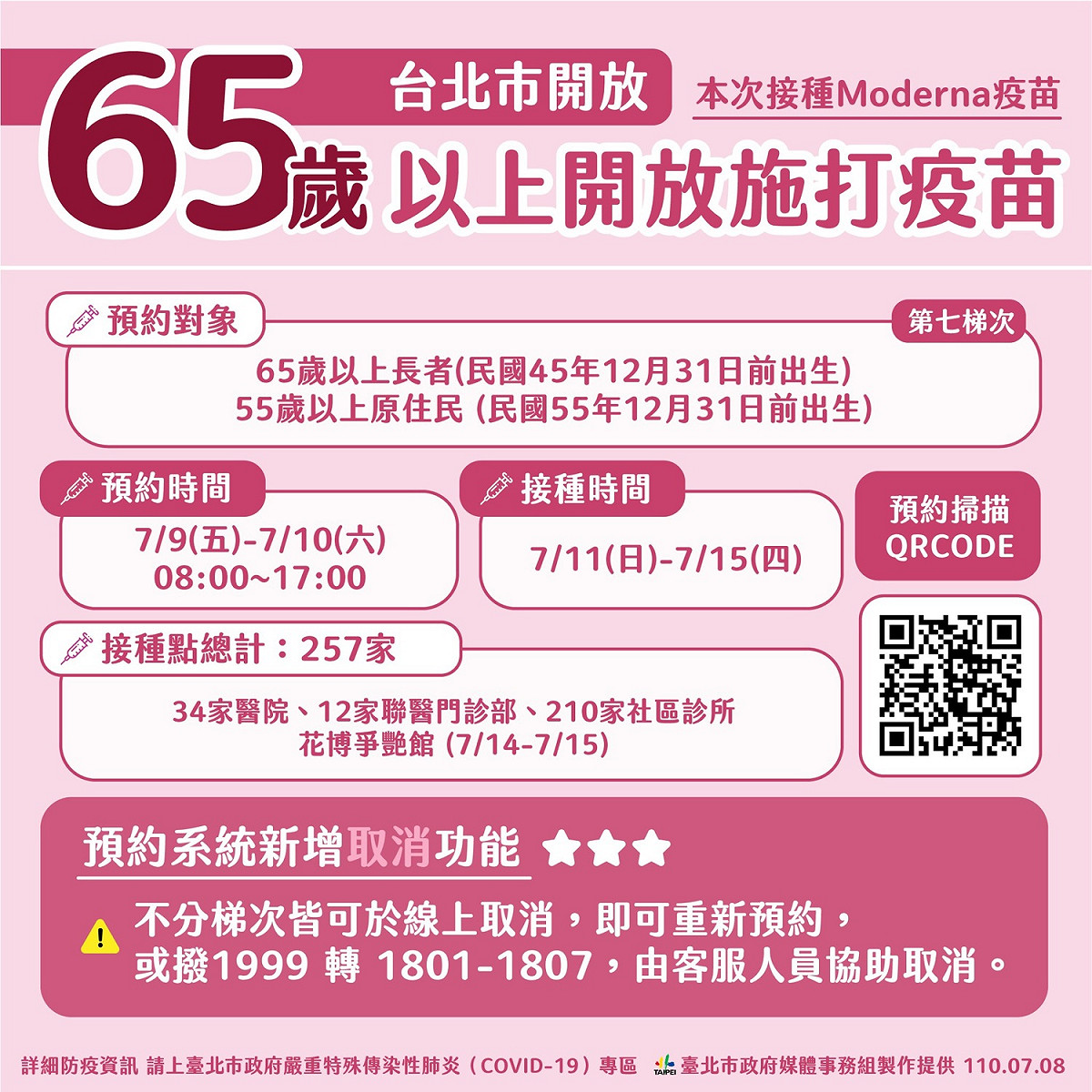 台北市明起開放65歲以上預約打疫苗。 圖：台北市政府 / 提供