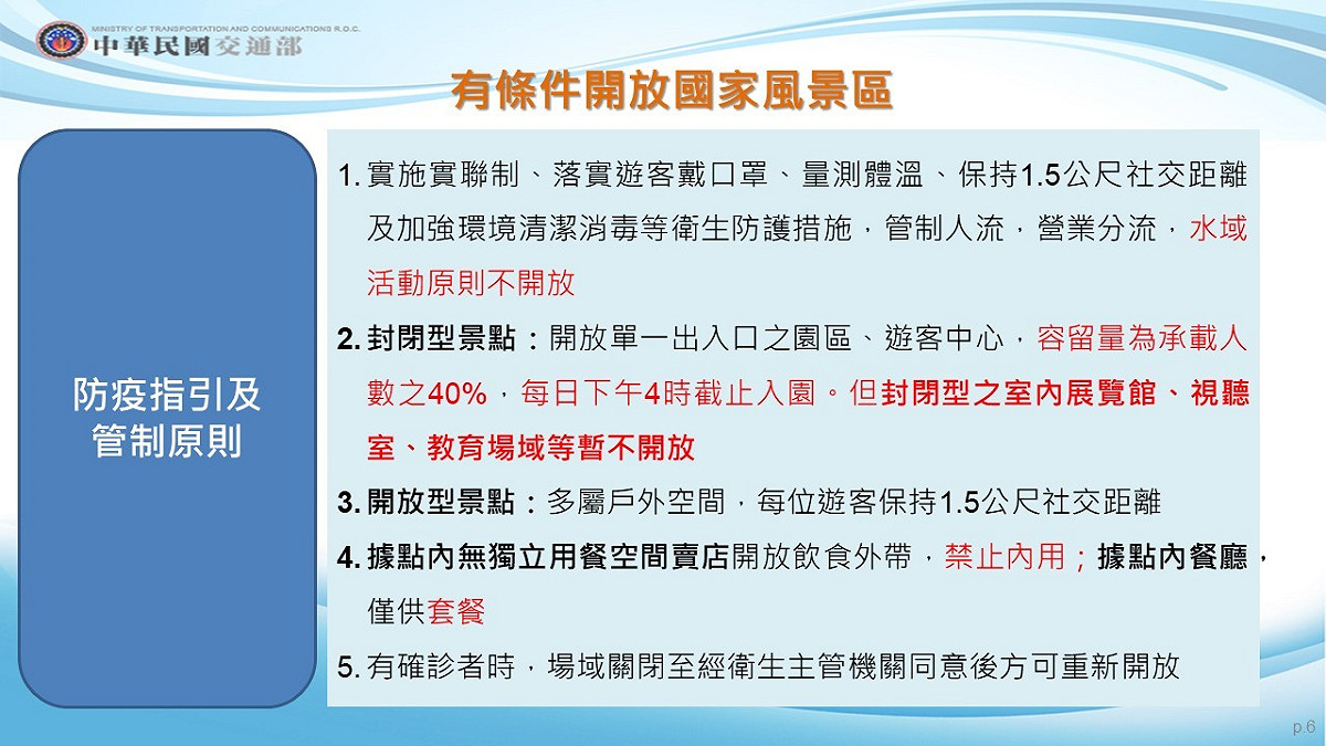 交通部宣布有條件開放國家風景區。 圖：中央流行疫情指揮中心／提供