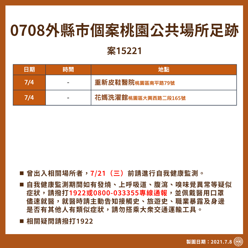 華航確診員工到桃園足跡。 圖：桃園市政府提供