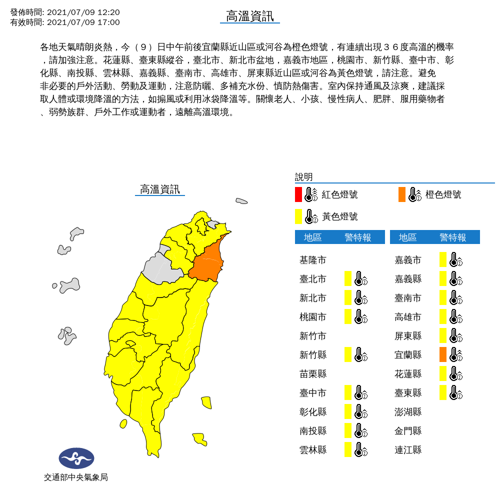 氣象局對全台16縣市發布高溫特報。 圖：中央氣象局／提供