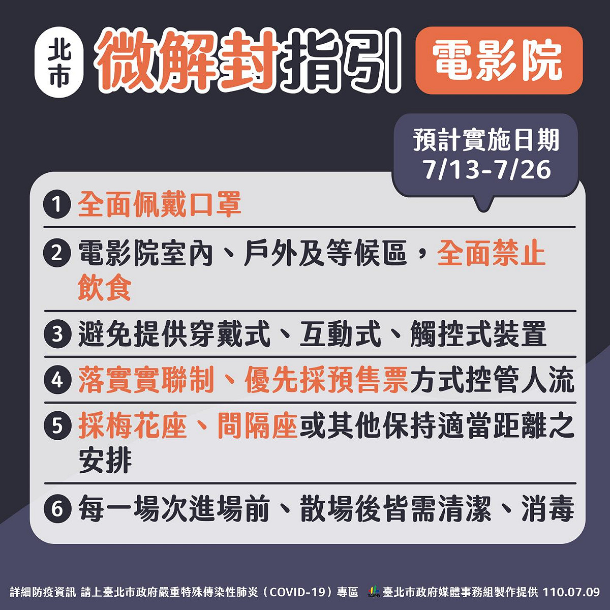 北市電影院全面配戴口罩，電影院室內、戶外及等候區禁止飲食。 圖：翻攝柯文哲臉書