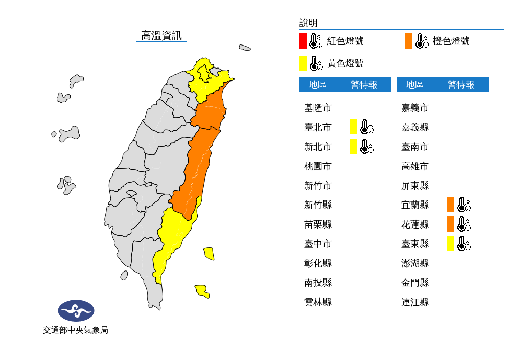 今天包含雙北在內等5縣市有出現攝氏36度高溫機率。 圖/中央氣象局