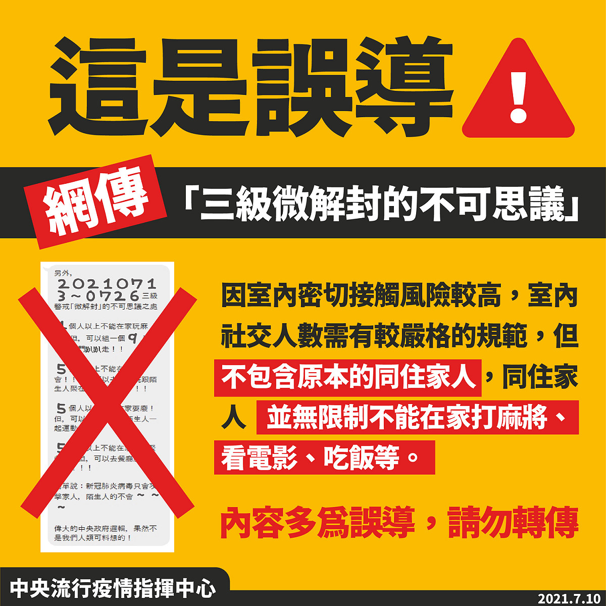日前有網友散布「三級警戒微解封的不可思議之處，新冠肺炎病毒只會攻擊家人」等訊息為錯誤訊息，指揮中心呼籲民眾勿輕信或隨意散播、轉傳，造成防疫困擾。 圖：揩揮中心提供