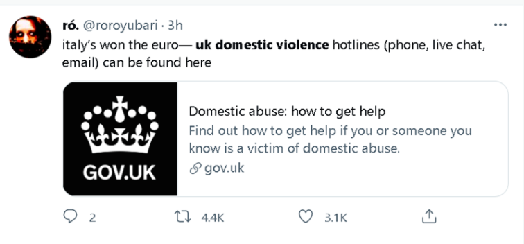 在英格蘭輸掉決賽后，英國的社交網路上很快出現了呼籲英國女性及時撥打家庭暴力求助專線，或去家庭暴力庇護所尋求庇護的貼文。 圖：翻攝自推特