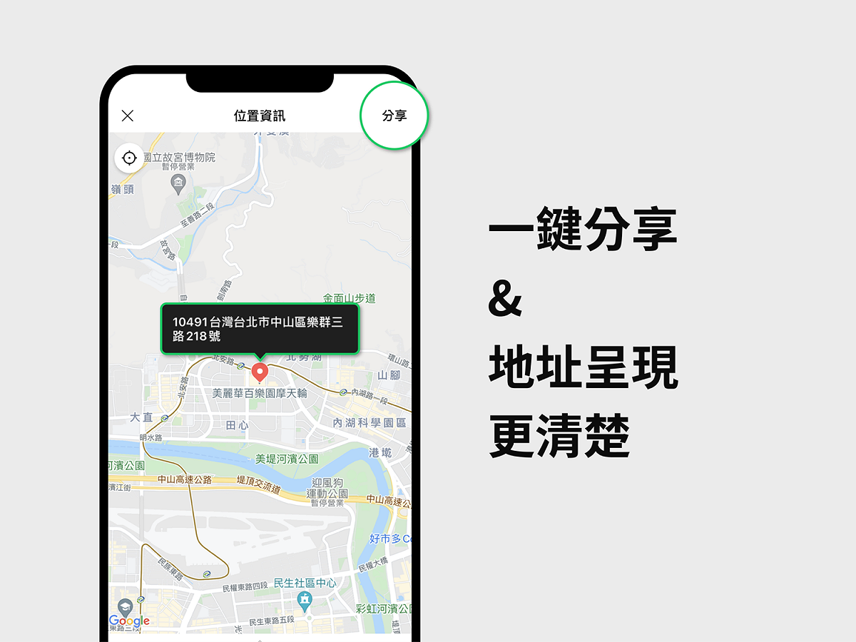 位置資訊介面新增右上角的「分享」圓鍵，畫面顯示的地址也從一列增至兩列。 圖：LINE／提供