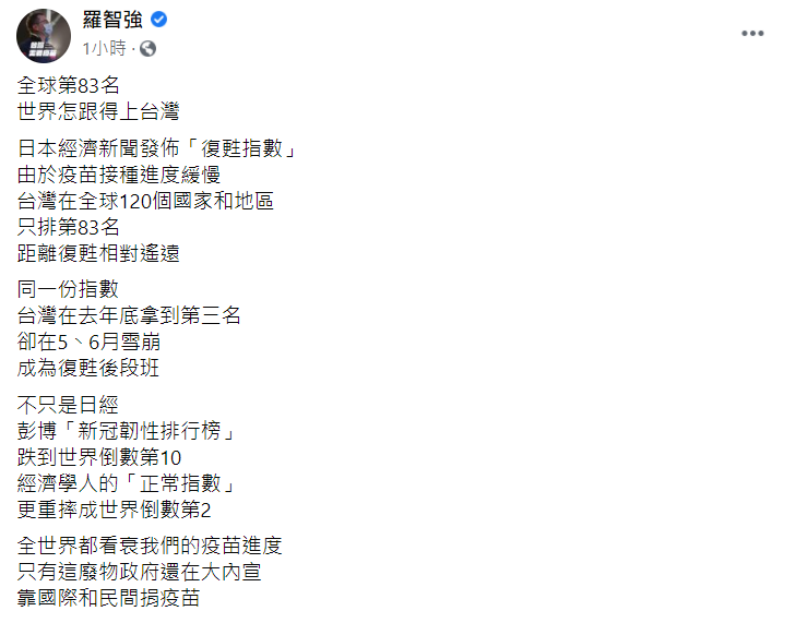 羅智強臉書貼文。 圖：翻攝自羅智強臉書
