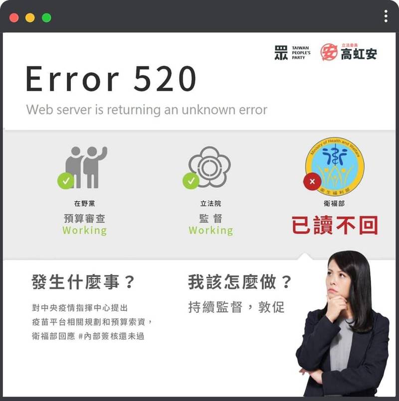 高虹安稱，政院推出的疫苗預約平台是由「委託某外部機構建置」，她三週前向衛福部索資被已讀不回。 圖：翻攝高虹安臉書