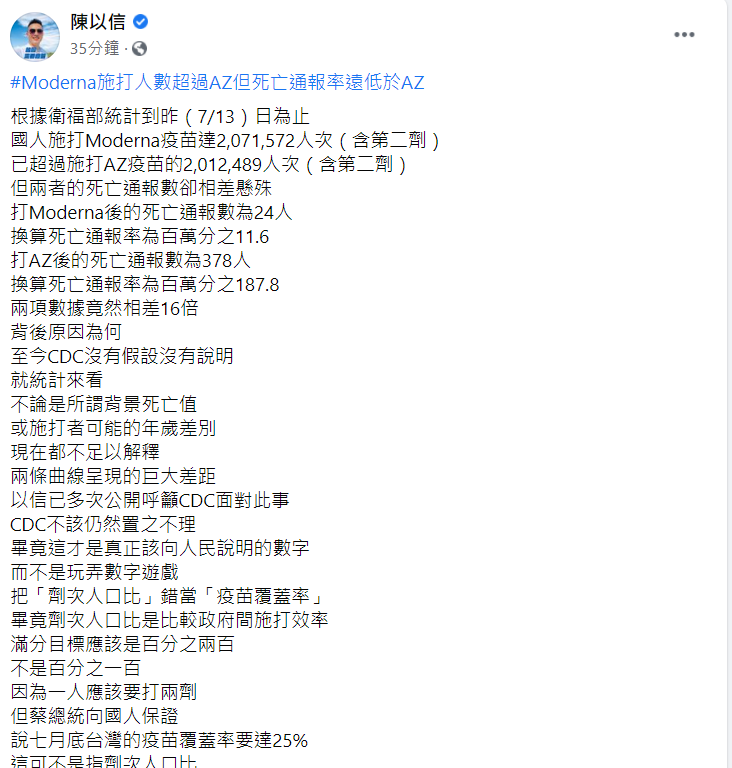 國民黨立法委員陳以信今 (14) 日在臉書發文說，國人施打Moderna疫苗達2,071,572人次（含第二劑），已超過施打AZ疫苗的2,012,489人次（含第二劑），但兩者的死亡通報數卻相差懸殊。 圖：翻攝自陳以信臉書