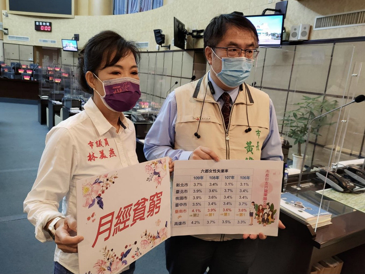 台南市議員林美燕要求制定「月經貧窮計劃」，與學校或企業合作，每個月發放生理用品給有需要的女學生，市長黃偉哲表示，擬透過實物銀行幫助弱勢女學生。 圖：臺南市政府提供