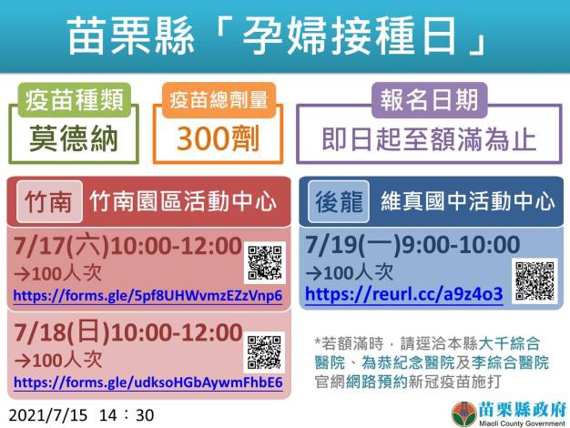 苗栗縣府衛生局，為了鼓勵縣內孕婦們接種疫苗及考量孕婦接種的方便性，規劃「孕婦接種日」為準媽媽們服務。
