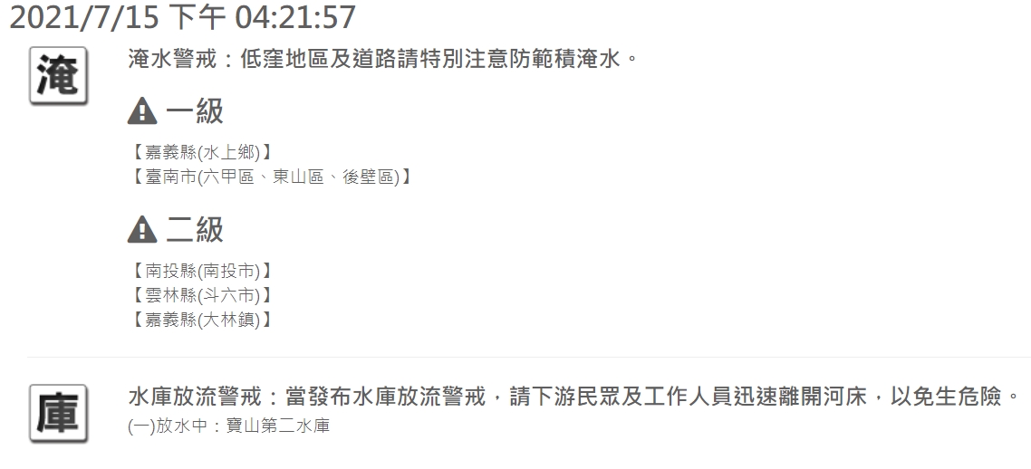 水利署對嘉義、台南4個行政區發布1級淹水警戒。 圖：擷取自水利署網站