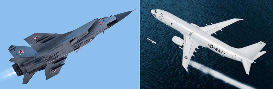 俄軍一架米格-31戰機緊急升空，在俄羅斯堪察加半島南部的太平洋區域對一架美國海軍P-8A「海神」反潛巡邏機實施「伴飛」。 圖：翻攝陸網/新頭殼合成