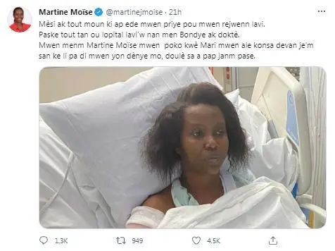 海地總統夫人在推文上感謝醫護人員的幫助。 圖: 翻攝自馬蒂娜推特