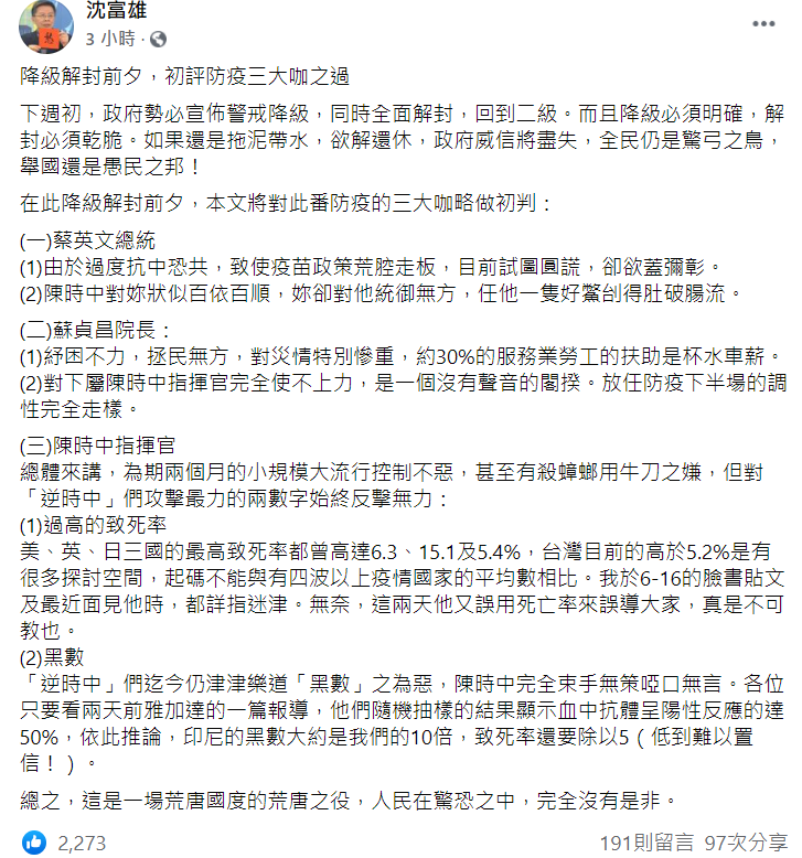 前民進黨立法委員沉富雄預言蔡英文政府在下周初必宣佈警戒降級，同時全面解封，回到二級。 圖：翻攝自沉富雄臉書
