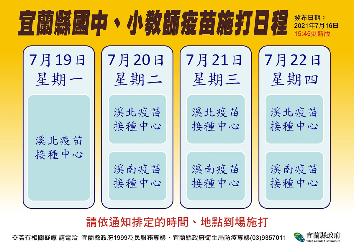 宜蘭縣國中、小教師疫苗施打日程。 圖：宜蘭縣政府