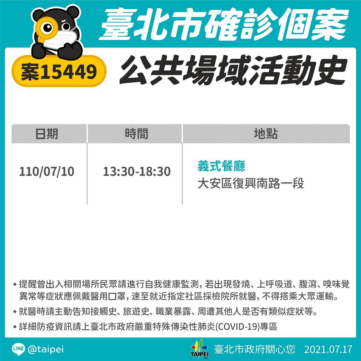 台北市政府今日公布三例確診者足跡。 圖：翻攝自 台北市政府網站