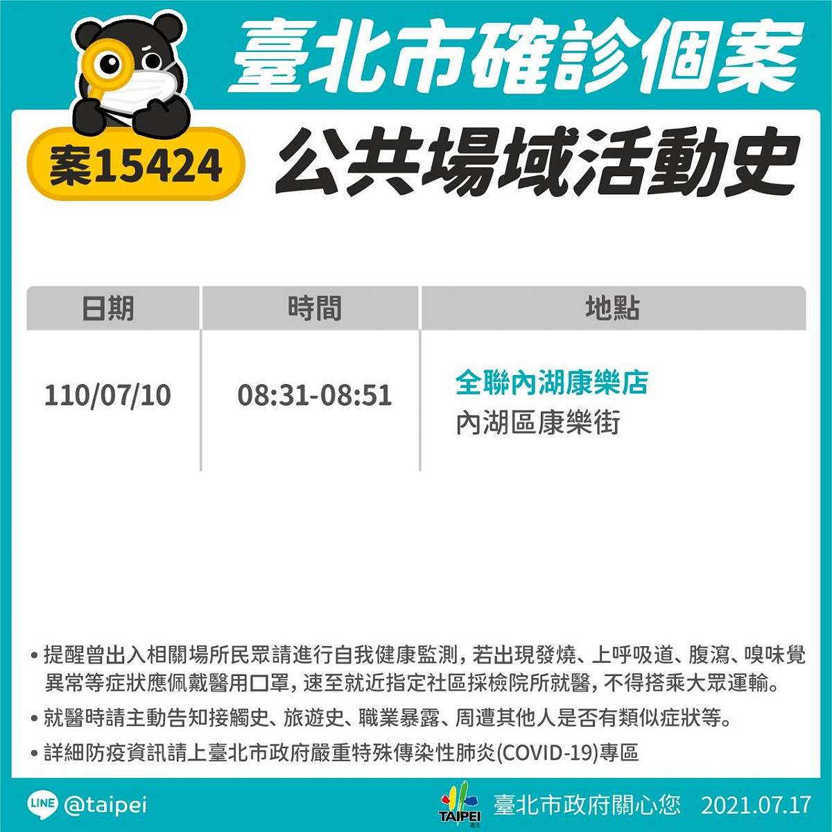 台北市政府今日公布三例確診者足跡。 圖：翻攝自 台北市政府網站