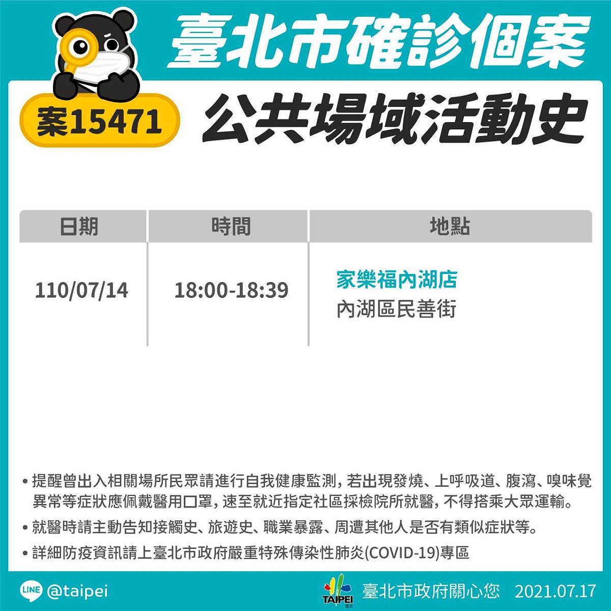 台北市政府今日公布三例確診者足跡。 圖：翻攝自 台北市政府網站