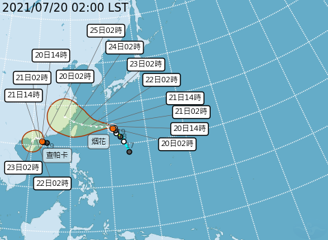 查帕卡颱風、烟花颱風路徑潛勢預報。 圖：中央氣象局／提供