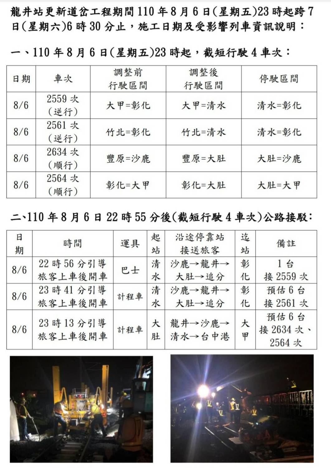 因配合施工作業，部分列車停駛或截短行駛採公路接駁方式辦理，工程期間預計影響共計10列次。 圖：台鐵局提供